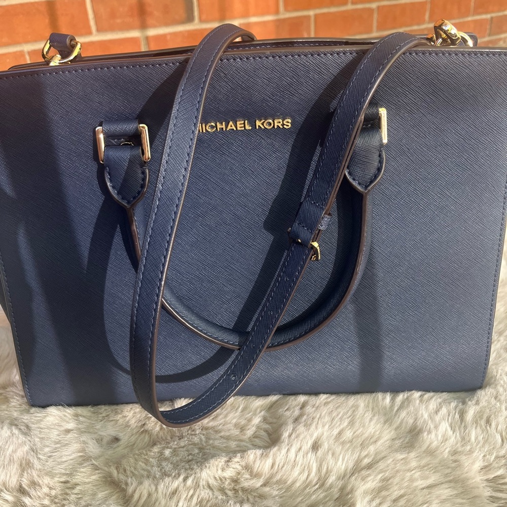 Michael Kors Dark Blue Satchel with Gold Accents